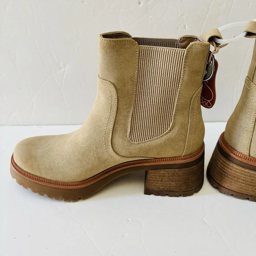 MIA IREI BOOTIE FAUX SUEDE TAN ANKLE SIZE 10 ROUND TOE 2.5 BLOCK HEEL PULLON